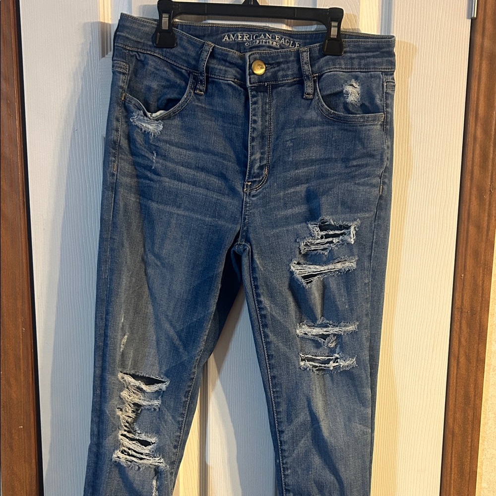 American Eagle Outfitters Blue Skinny Jeans with Distressed Details